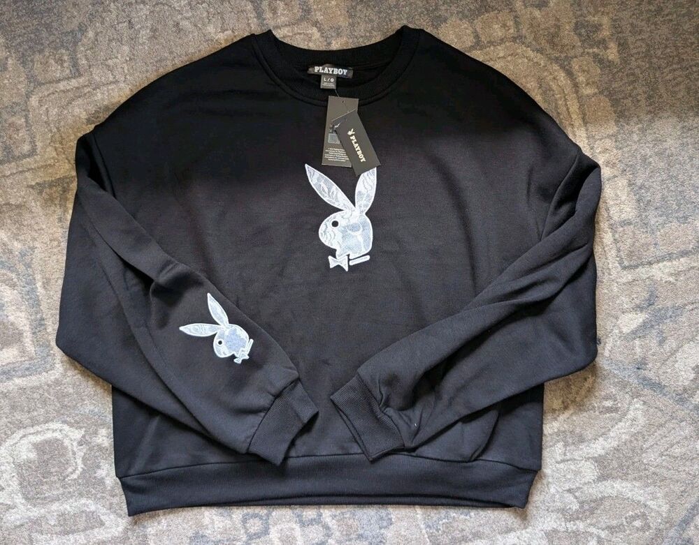 Playboy Sweatshirt Large Lace Black Lounge Wear Bunny Comfort Women's